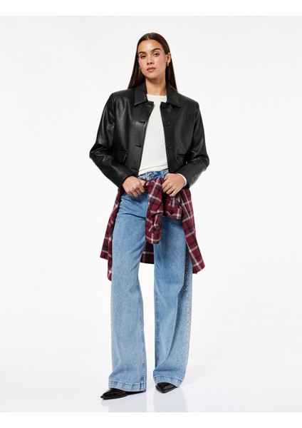 Düğmeli Cepli Geniş Paça Pamuklu Taşlı Jean Pantolon - Wide Leg Jeans