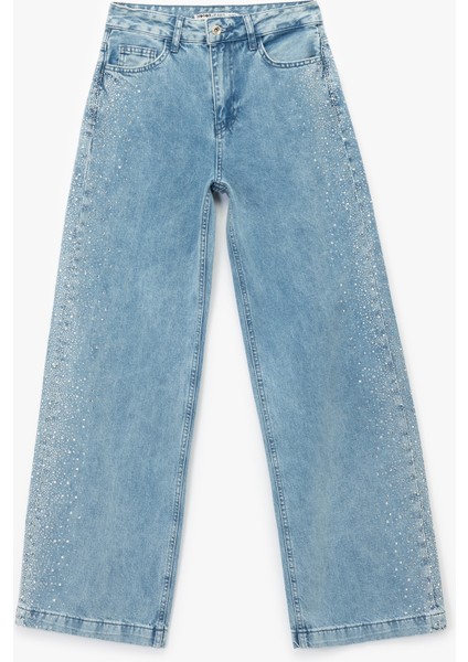 Düğmeli Cepli Geniş Paça Pamuklu Taşlı Jean Pantolon - Wide Leg Jeans fırsatları