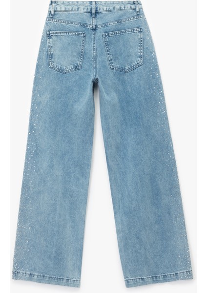Düğmeli Cepli Geniş Paça Pamuklu Taşlı Jean Pantolon - Wide Leg Jeans indirimleri