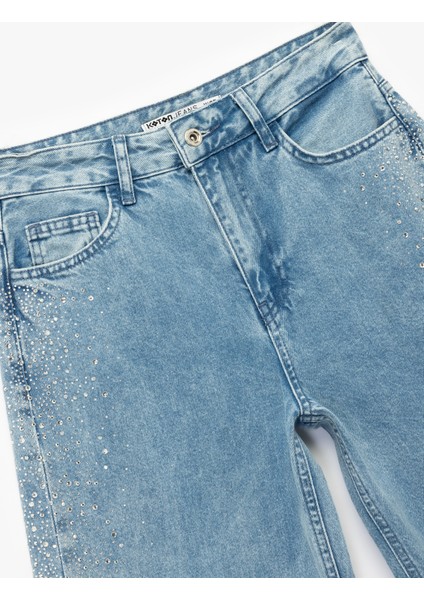 Düğmeli Cepli Geniş Paça Pamuklu Taşlı Jean Pantolon - Wide Leg Jeans