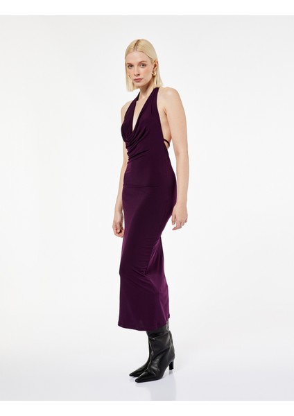 Sandy Kumaş Midi Boy Kolsuz Sırt Dekolteli Degaje Yaka Elbise modelleri