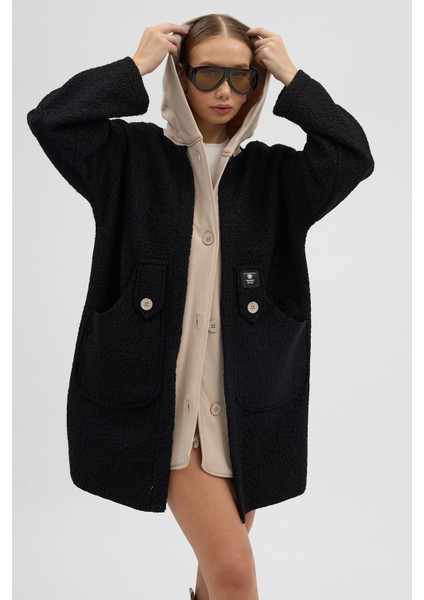 Kapüşonlu Çift Cepli Düğmeli Kaşe Kaban - Siyah fiyatları