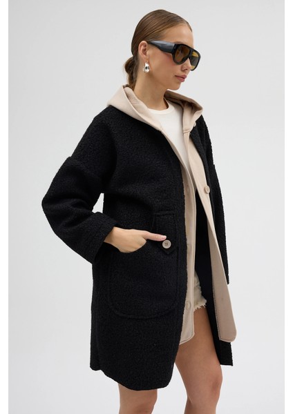 Kapüşonlu Çift Cepli Düğmeli Kaşe Kaban - Siyah modelleri