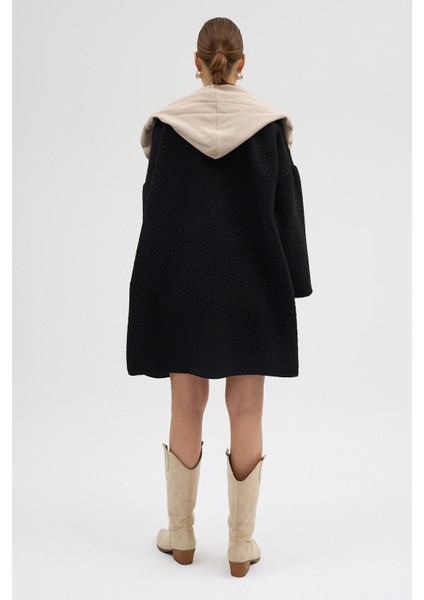 Kapüşonlu Çift Cepli Düğmeli Kaşe Kaban - Siyah fırsatları