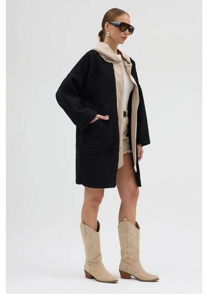 Kapüşonlu Çift Cepli Düğmeli Kaşe Kaban - Siyah indirimleri