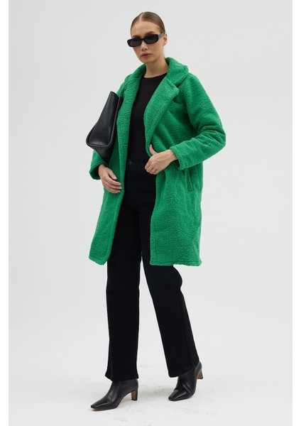 Kadın Yeşil Tek Düğmeli Çift Cepli Astarlı Buklet Kaşe Kaban fiyatları