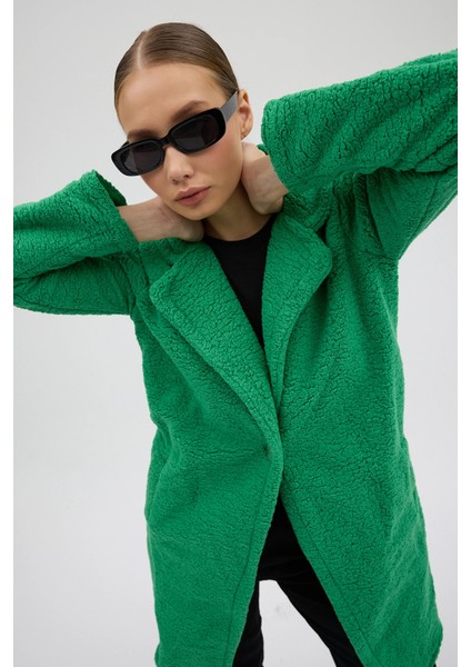 Kadın Yeşil Tek Düğmeli Çift Cepli Astarlı Buklet Kaşe Kaban modelleri