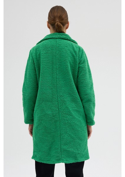 Kadın Yeşil Tek Düğmeli Çift Cepli Astarlı Buklet Kaşe Kaban fırsatları