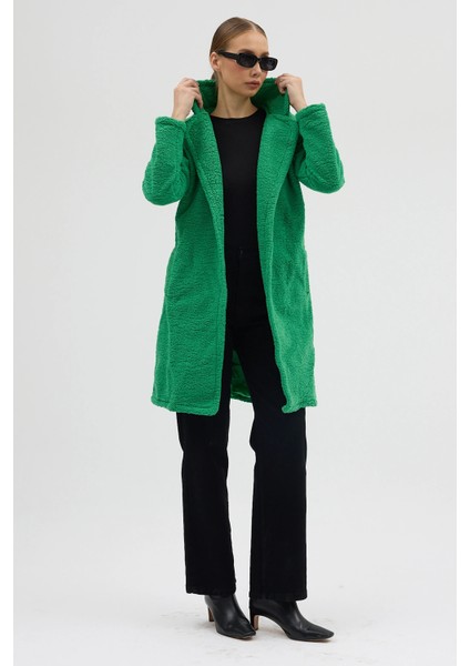 Kadın Yeşil Tek Düğmeli Çift Cepli Astarlı Buklet Kaşe Kaban indirimleri