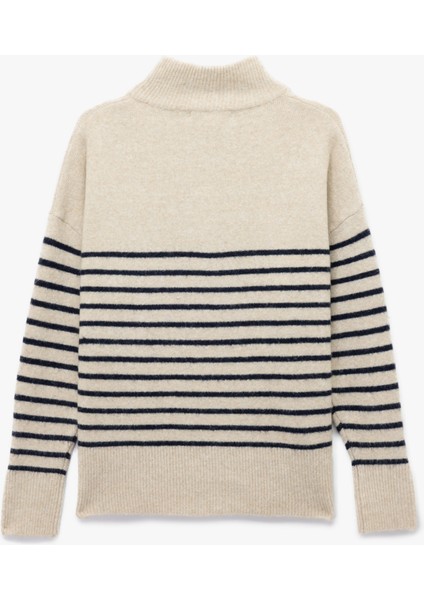 Uzun Kollu Dik Yaka Yarım Düğmeli Triko Oversize Çizgili Kazak fırsatları