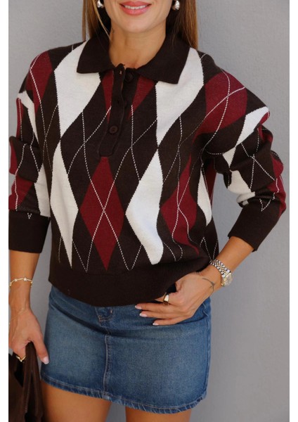 Kahverengi Polo Yaka Baklava Desen Kazak fiyatları