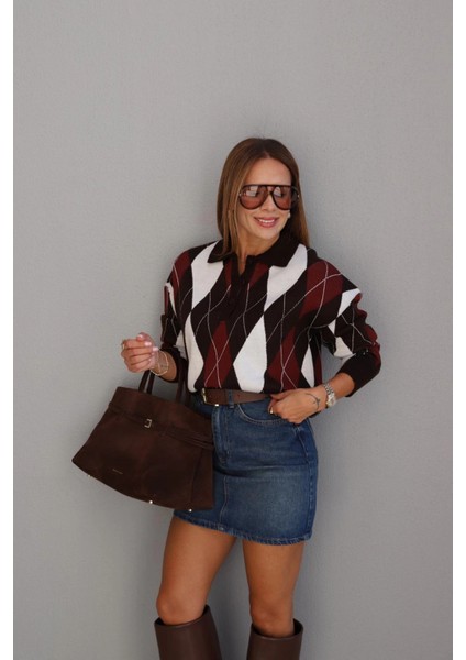 Kahverengi Polo Yaka Baklava Desen Kazak modelleri