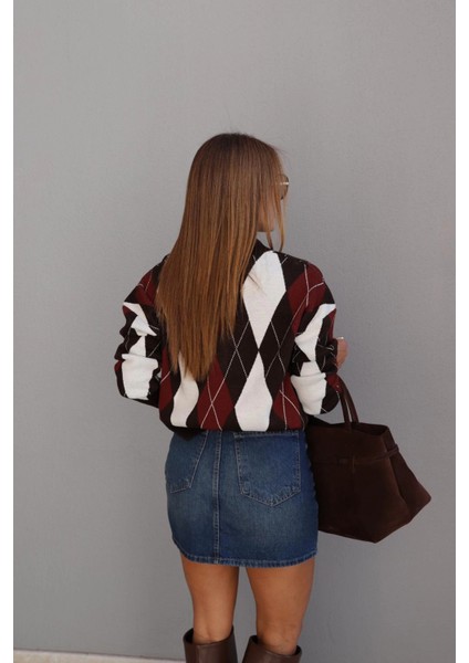 Kahverengi Polo Yaka Baklava Desen Kazak fırsatları