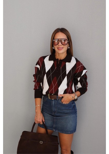 Kahverengi Polo Yaka Baklava Desen Kazak indirimleri