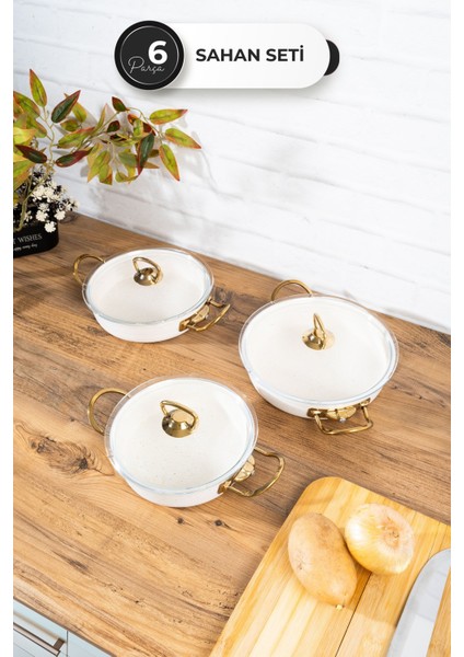 6 Parça Granit Cam Kapaklı Beyaz Metal Kulp Sahan Seti 18-20-22 cm – Gold Kulp, Şık & Pratik