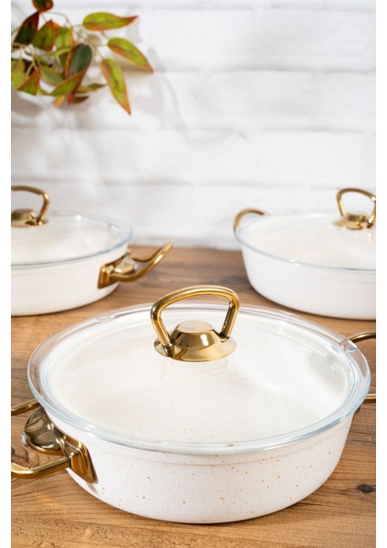 6 Parça Granit Cam Kapaklı Beyaz Metal Kulp Sahan Seti 18-20-22 cm – Gold Kulp, Şık & Pratik indirimleri