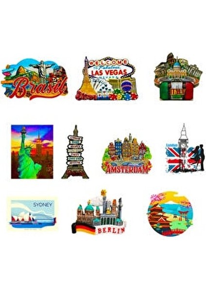 Buzdolabı Magneti Dünya Ülkeleri Temalı Ahşap Not Tutacağı 10'lu Set Renkli indirimleri