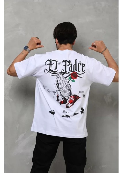 Unisex Bisiklet Yaka Baskılı Oversize T-Shirt - Beyaz modelleri