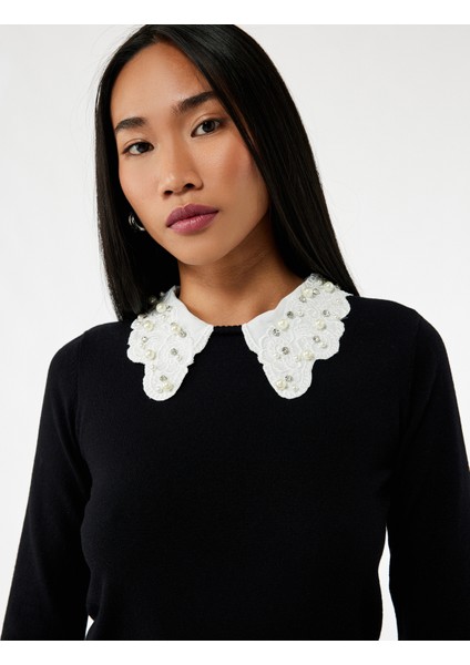 Uzun Kollu Bebe Yaka Taşlı Triko Kazak