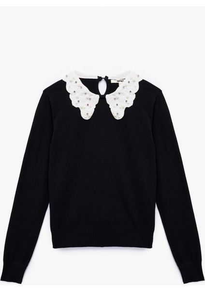 Uzun Kollu Bebe Yaka Taşlı Triko Kazak modelleri