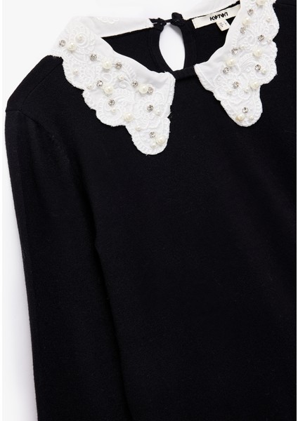 Uzun Kollu Bebe Yaka Taşlı Triko Kazak indirimleri