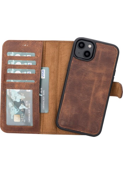 Apple iPhone 14 Plus Uyumlu Deri Cüzdanlı Kılıf Mwwn G2 Kahve