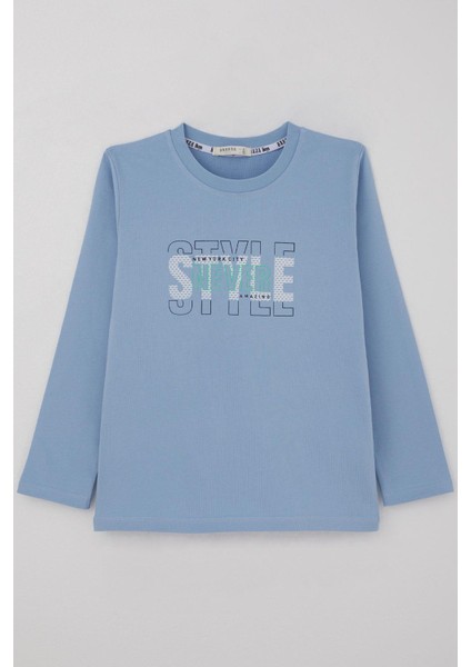 Erkek Çocuk Uzun Kollu Tişört Yazı Baskılı 6-12 Yaş, Açık Mavi