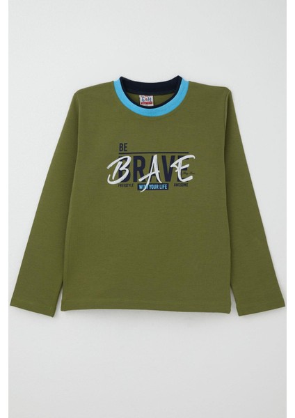 Erkek Çocuk Uzun Kollu Tişört Yazı Baskılı 5-9 Yaş, Haki Yeşil fırsatları