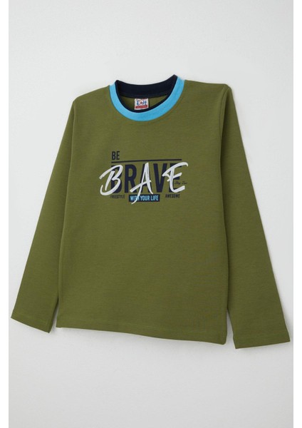 Erkek Çocuk Uzun Kollu Tişört Yazı Baskılı 5-9 Yaş, Haki Yeşil