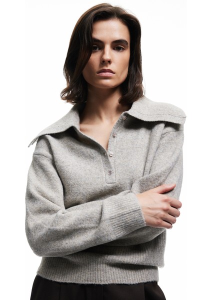 Regular Fit Uzun Kollu Yarım Düğme Detaylı Geniş Polo Yaka Triko Kazak