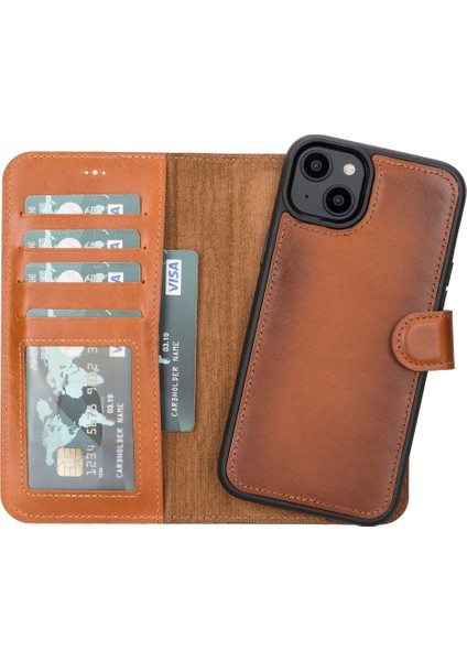 Apple iPhone 14 Plus Uyumlu Deri Cüzdanlı Kılıf Mwwn RST2EF Taba