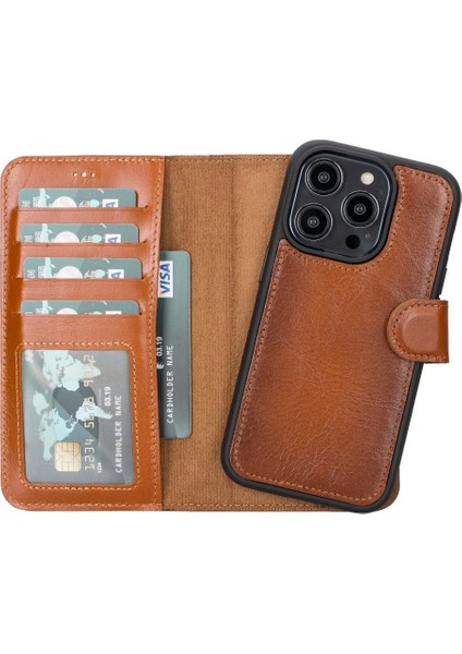 Apple iPhone 14 Pro Uyumlu Deri Cüzdanlı Kılıf Mwwn RST2EF Taba