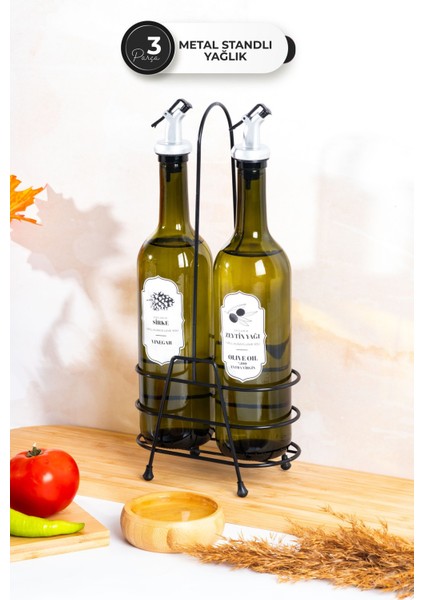 3 Parça 750 ml Cam Yağlık & Sirkelik Seti – Metal Standlı, Damlatmaz Başlıklı