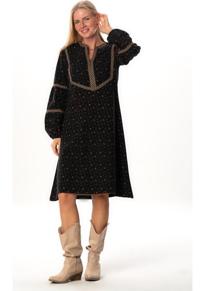Uzun Kol Nurperi Pazen V Yaka Desenli Kışlık Midi Boy Elbise Siyah Syh