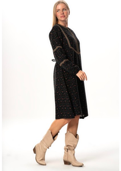 Uzun Kol Nurperi Pazen V Yaka Desenli Kışlık Midi Boy Elbise Siyah Syh fırsatları