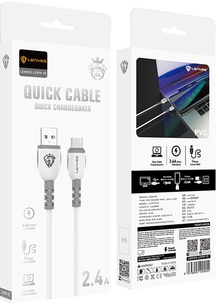 LC979 Usb-A To Type-C Hızlı Şarj Özellikli Data ve Şarj Kablosu 2.4A 1m Beyaz indirimleri