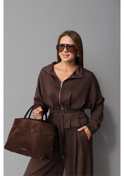 Kahverengi Kemer Detay Takım