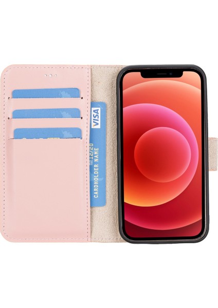 Apple iPhone 12 Mini Uyumlu Deri Cüzdanlı Kılıf Nu2 Pembe fiyatları