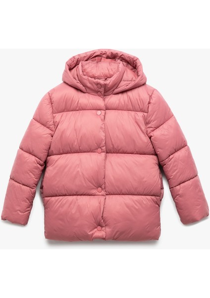 Uzun Kollu Çıtçıt Kapamalı Kapşonlu Şişme Mont