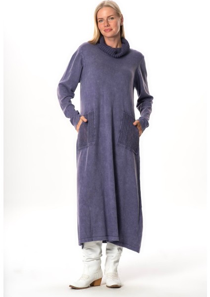 Uzun Kol Sevda Geniş Boğazlı Sonbahar ve Kışlık Cepli Triko Elbise Mor Mor