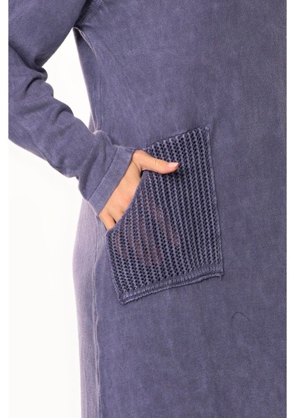 Uzun Kol Sevda Geniş Boğazlı Sonbahar ve Kışlık Cepli Triko Elbise Mor Mor modelleri