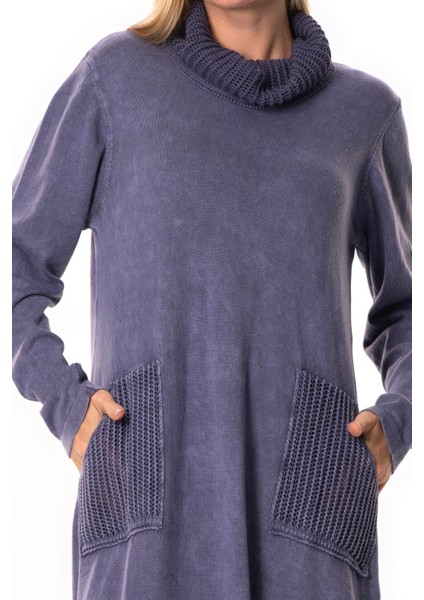 Uzun Kol Sevda Geniş Boğazlı Sonbahar ve Kışlık Cepli Triko Elbise Mor Mor fırsatları