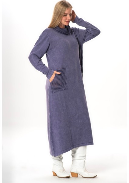 Uzun Kol Sevda Geniş Boğazlı Sonbahar ve Kışlık Cepli Triko Elbise Mor Mor indirimleri