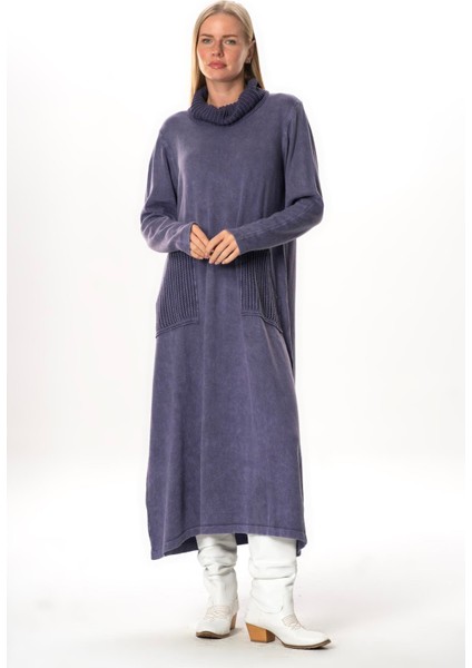 Uzun Kol Sevda Geniş Boğazlı Sonbahar ve Kışlık Cepli Triko Elbise Mor Mor