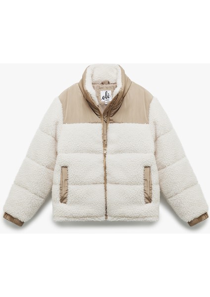 Dik Yaka Cep Detaylı Fermuarlı Renk Bloklu Peluş Mont fırsatları