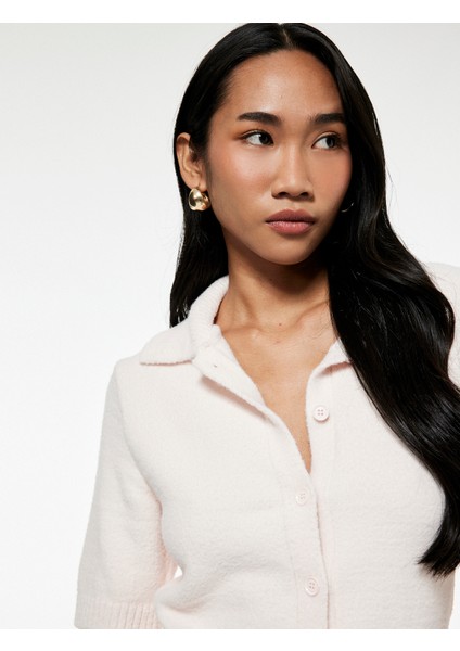 Düğmeli Kısa Kollu Polo Yaka Triko Peluş Hırka