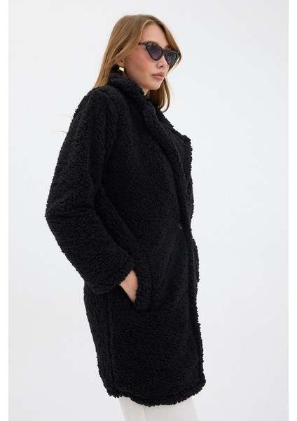 Kadın Siyah Tek Düğmeli Çift Cepli Astarlı Buklet Kaşe Kaban fiyatları