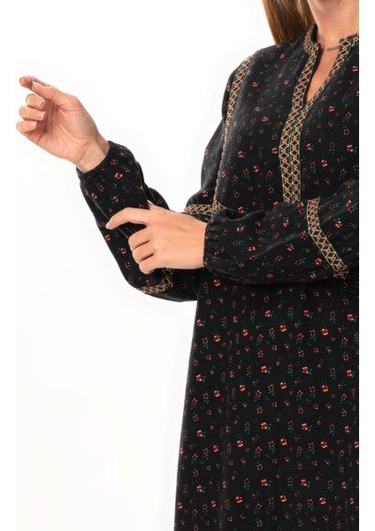 Uzun Kol Nurperi Pazen V Yaka Desenli Kışlık Midi Boy Elbise Siyah Syh modelleri