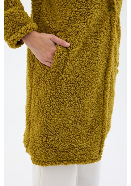 Kadın Yağ Yeşili Tek Düğmeli Çift Cepli Astarlı Buklet Kaşe Kaban modelleri