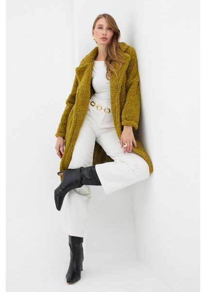 Kadın Yağ Yeşili Tek Düğmeli Çift Cepli Astarlı Buklet Kaşe Kaban indirimleri